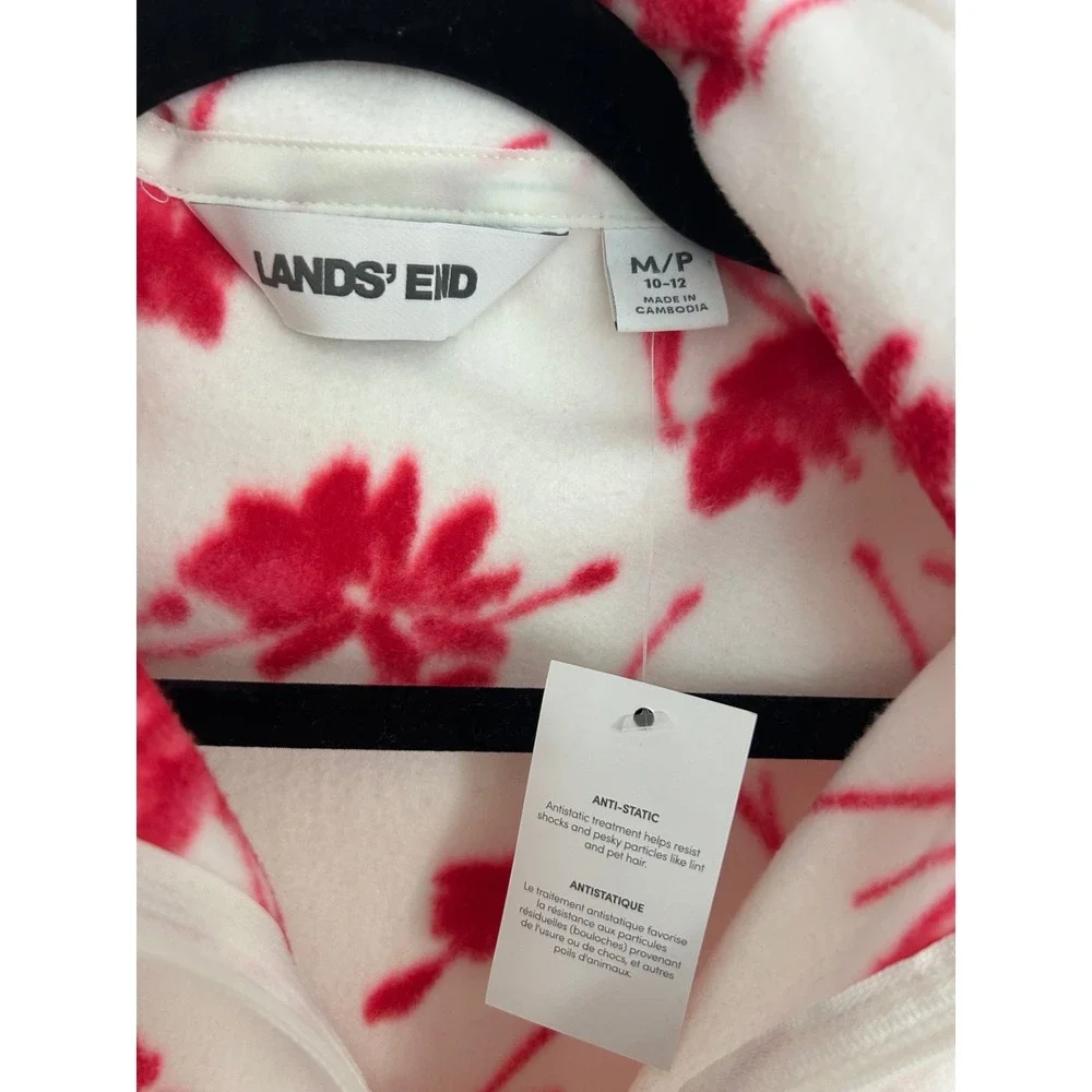 Lands End NWT Womens Red Floral Anti-Static Fleece Quarter Zip Pullover Medium